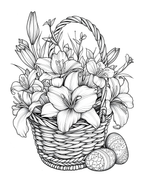 Basket of flowers with Easter eggs in a black and white line art style