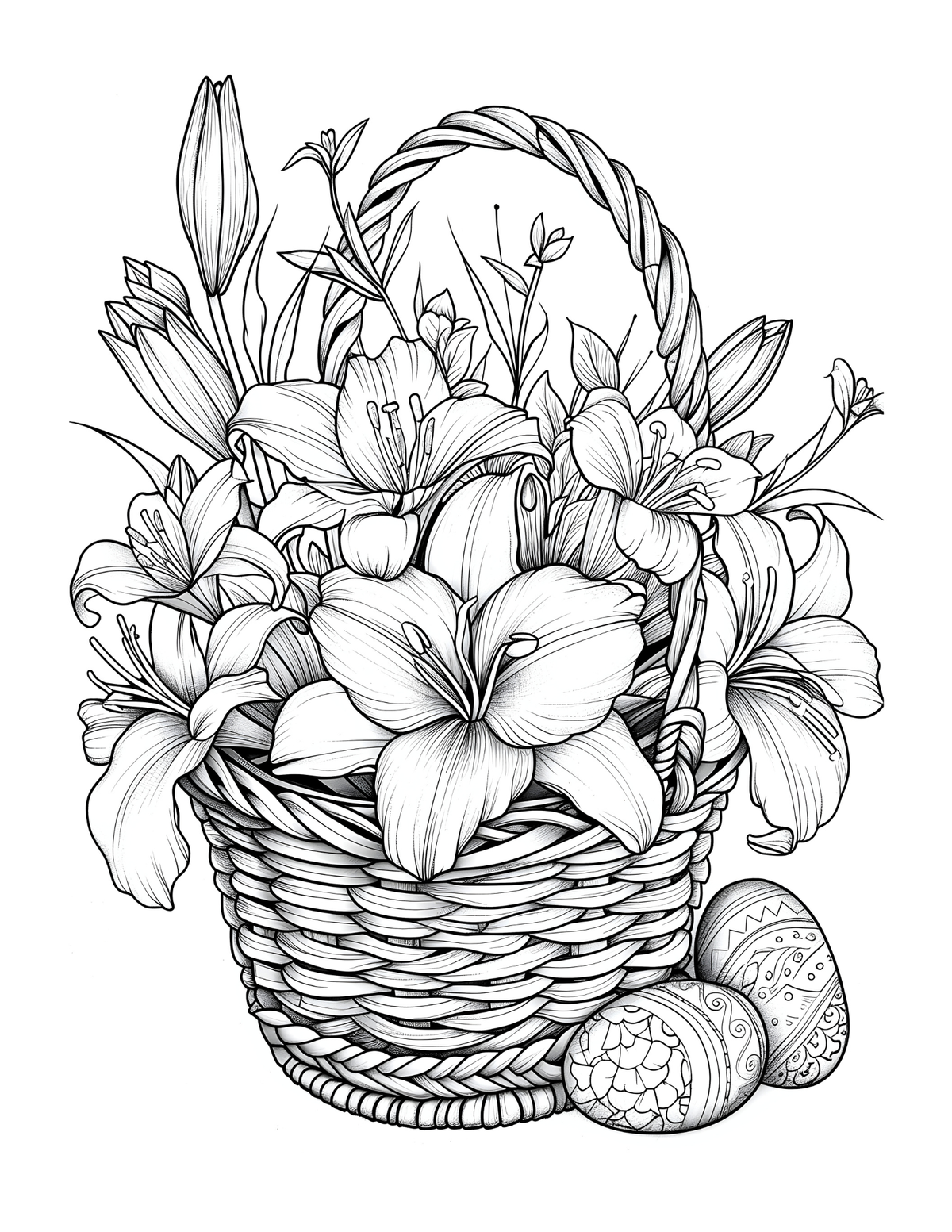 Basket of flowers with Easter eggs in a black and white line art style