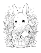 Black and white illustration of a bunny with flowers in a basket on a white background
