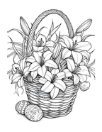 Black and white illustration of a basket with flowers and Easter eggs.