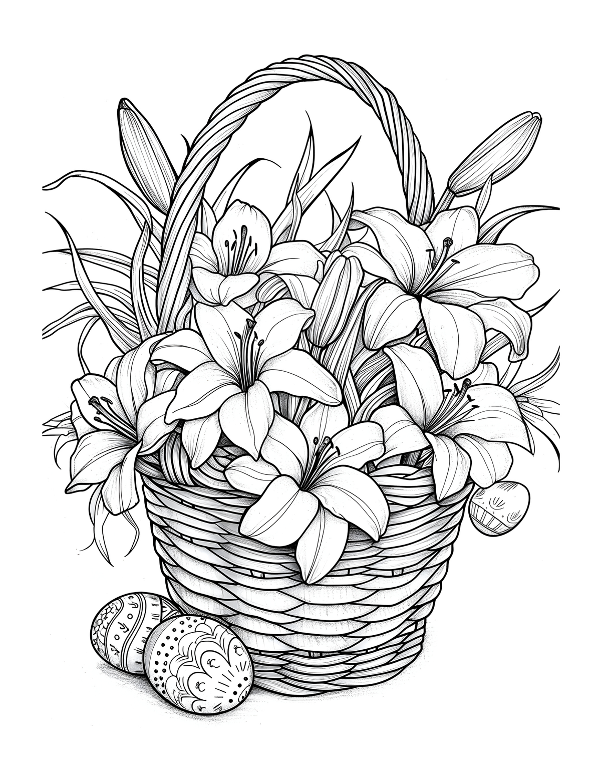 Black and white illustration of a basket with flowers and Easter eggs.