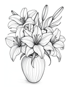 Black and white line drawing of lilies in a vase on a white background