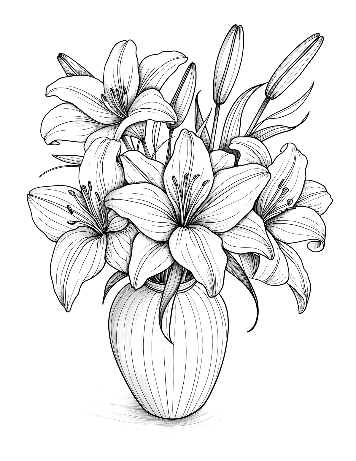 Black and white line drawing of lilies in a vase on a white background