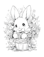 Black and white illustration of a bunny with flowers and a basket on a white background