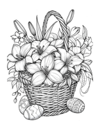 Black and white illustration of a basket with flowers and Easter eggs.