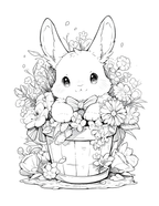 Illustration of a bunny in a basket with flowers, suitable for coloring.