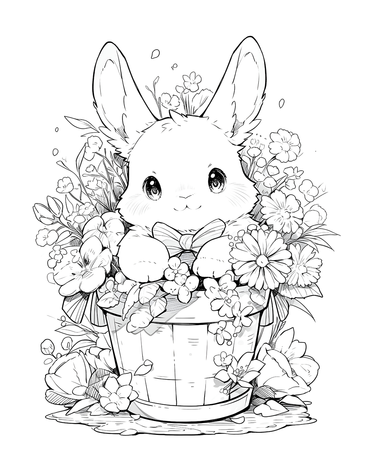 Illustration of a bunny in a basket with flowers, suitable for coloring.