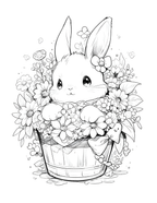 Black and white illustration of a bunny in a basket with flowers