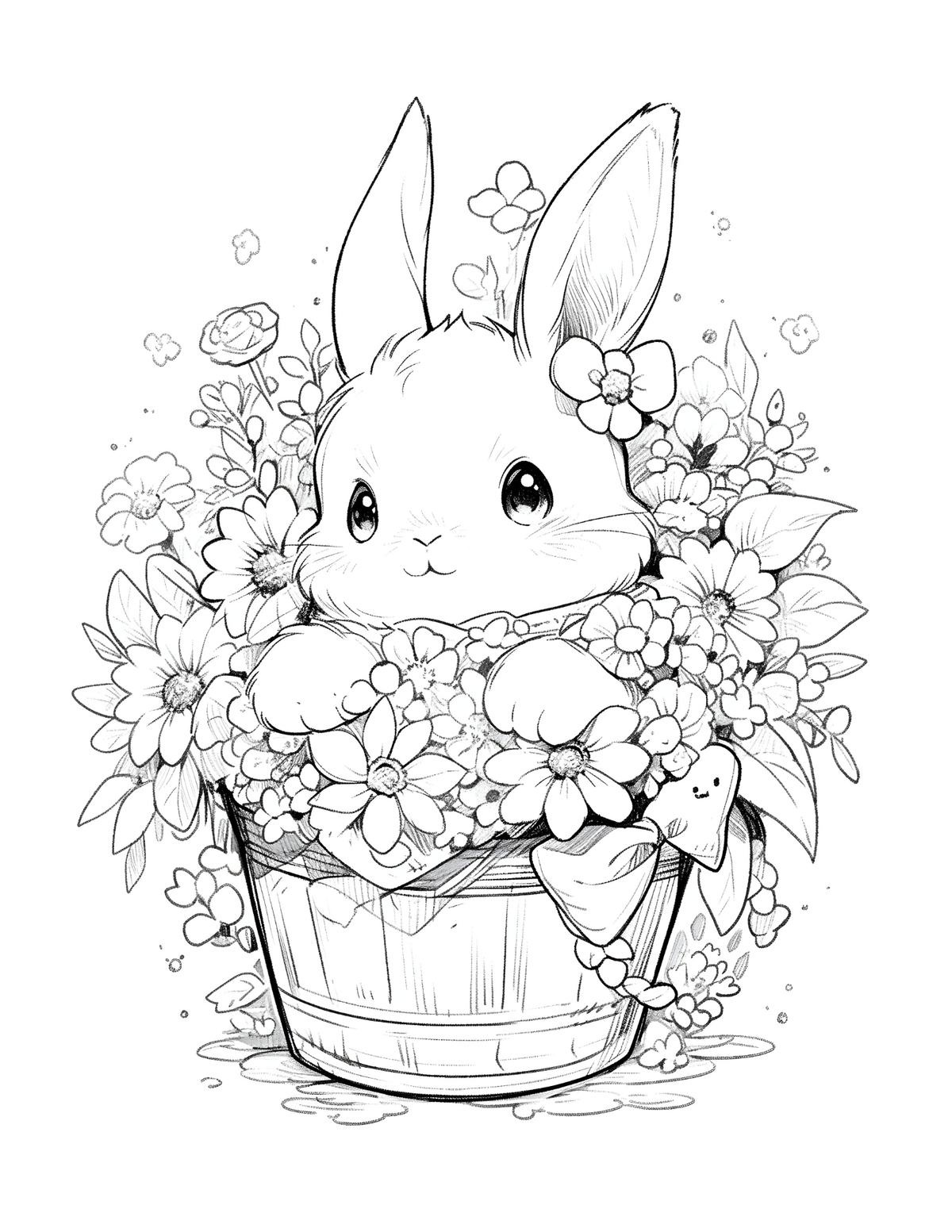 Black and white illustration of a bunny in a basket with flowers