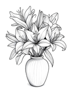 Black and white line drawing of a vase with flowers on a white background