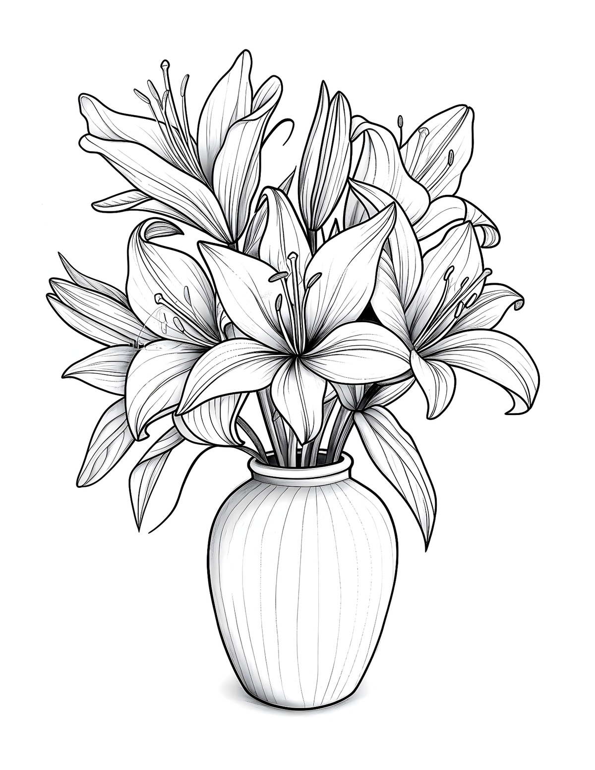 Black and white line drawing of a vase with flowers on a white background