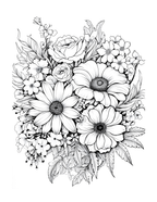 Black and white floral bouquet illustration on a white background