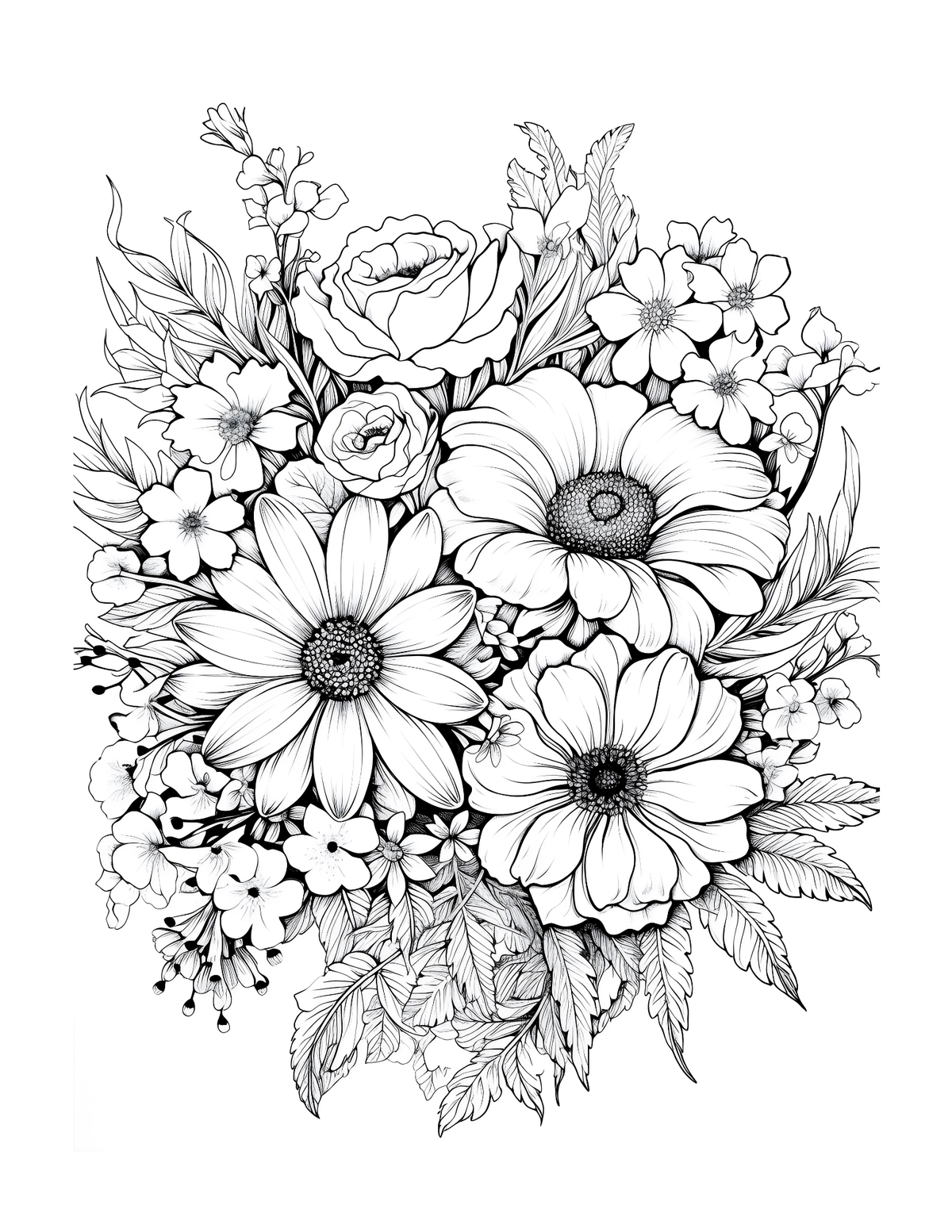 Black and white floral bouquet illustration on a white background