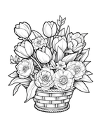 Black and white line drawing of a bouquet of flowers in a basket