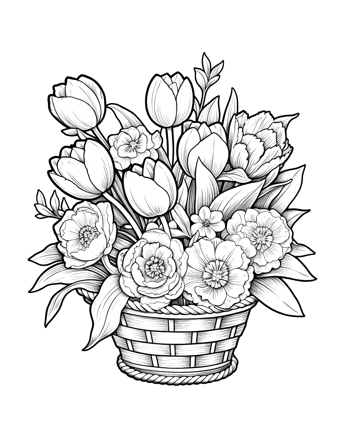 Black and white line drawing of a bouquet of flowers in a basket