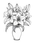 Black and white illustration of a vase with lilies on a white background