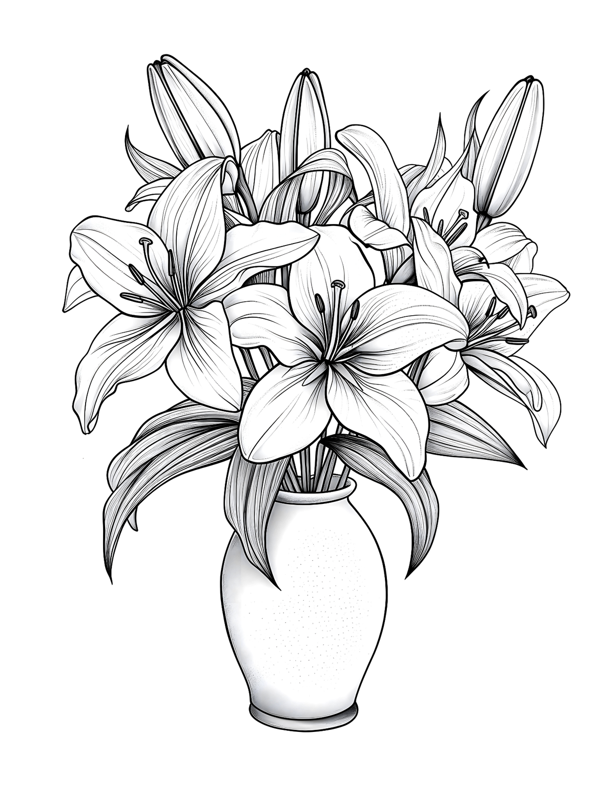 Black and white illustration of a vase with lilies on a white background