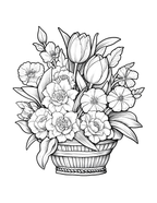 Black and white line drawing of a floral arrangement in a basket on a white background