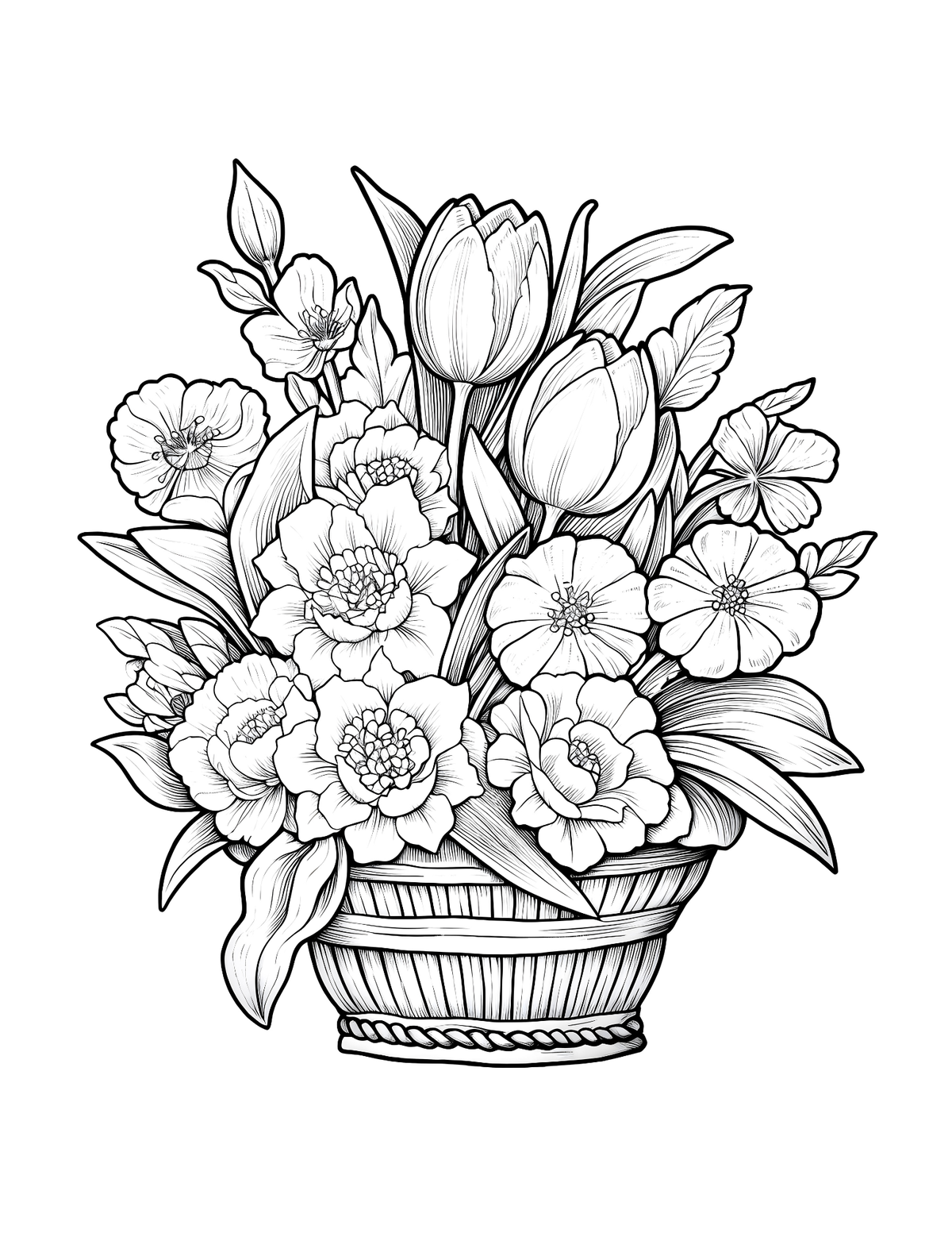 Black and white line drawing of a floral arrangement in a basket on a white background