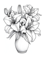 Black and white line drawing of a vase with flowers on a white background