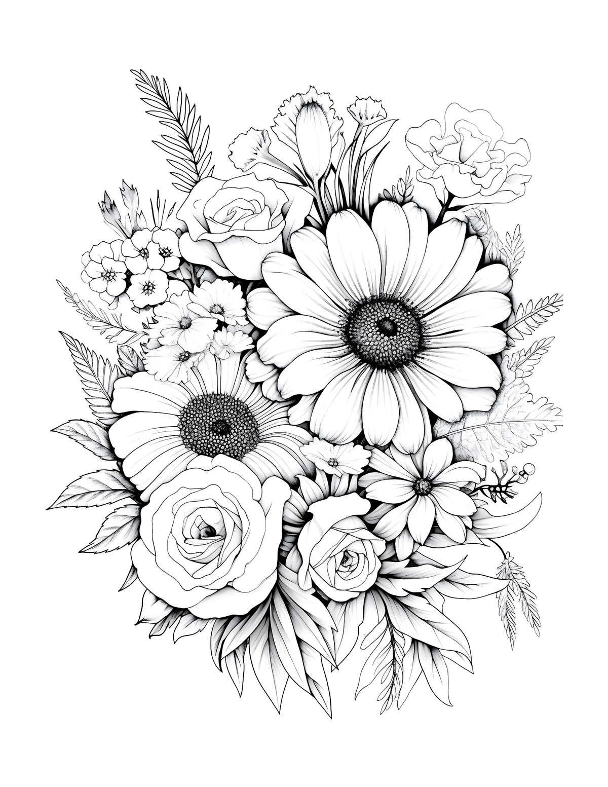 Black and white floral illustration on a white background