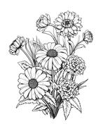 Black and white line drawing of a floral bouquet on a white background
