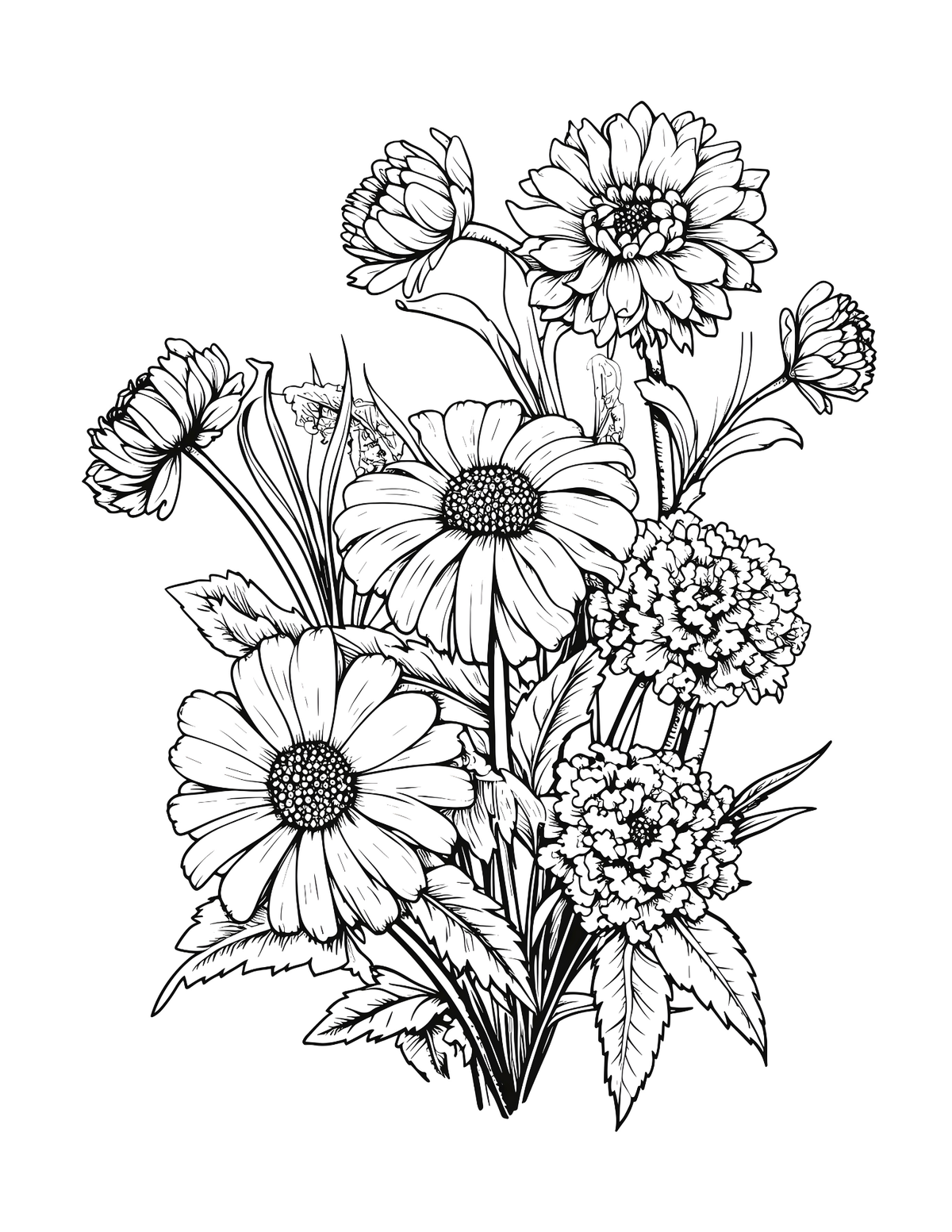 Black and white line drawing of a floral bouquet on a white background