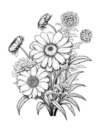 Black and white line drawing of a floral arrangement on a white background