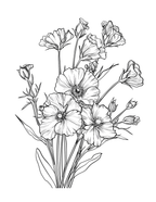 Black and white line drawing of a bouquet of flowers on a white background
