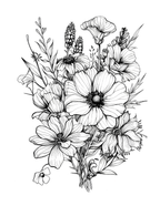 Black and white floral illustration on a white background