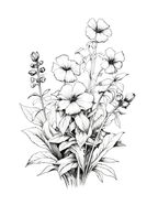 Line drawing of a floral arrangement on a white background