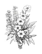 Black and white illustration of a bouquet of flowers on a white background