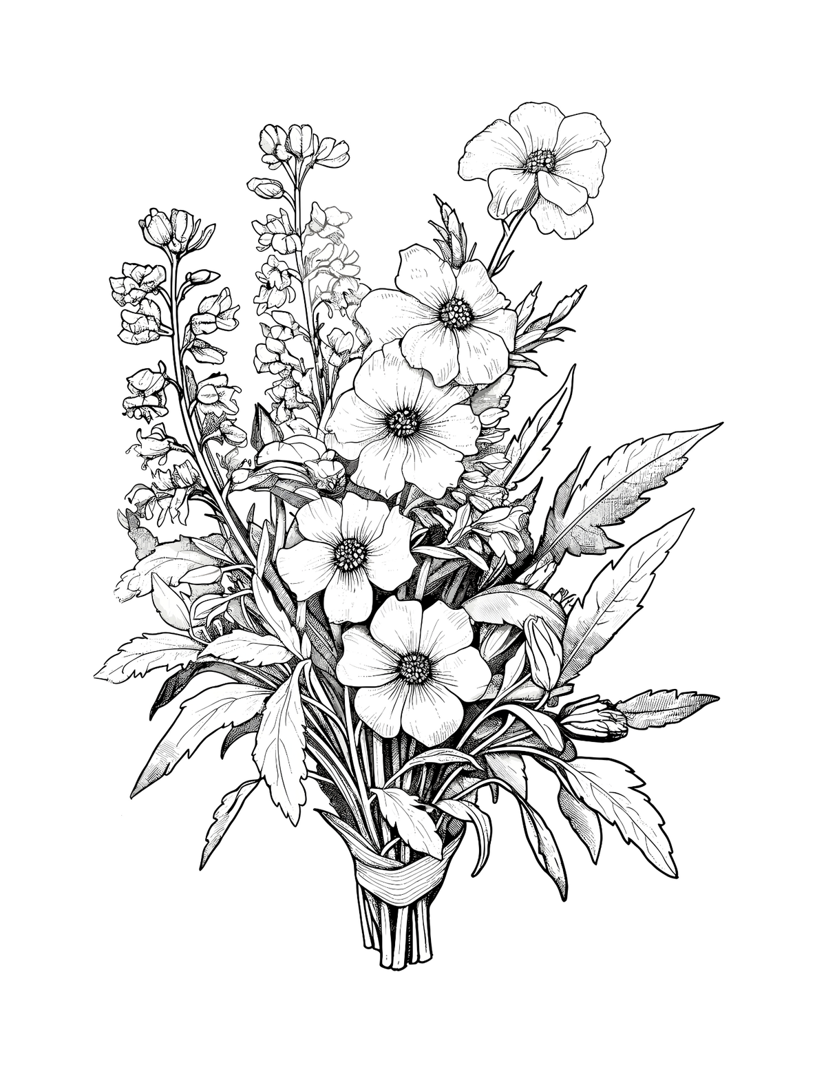 Black and white illustration of a bouquet of flowers on a white background