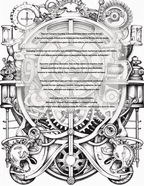 Steampunk-themed coloring book page with intricate mechanical design and text.