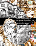 Coloring book cover with steampunk-themed illustrations and text.