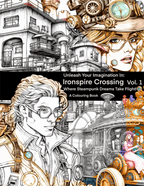 Coloring book cover with steampunk-themed illustrations and text.