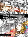Coloring book with fantasy and futuristic art, featuring a man with glasses and a woman with mechanical elements.