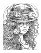 Steampunk-themed illustration of a woman with mechanical elements in her hair and hat.