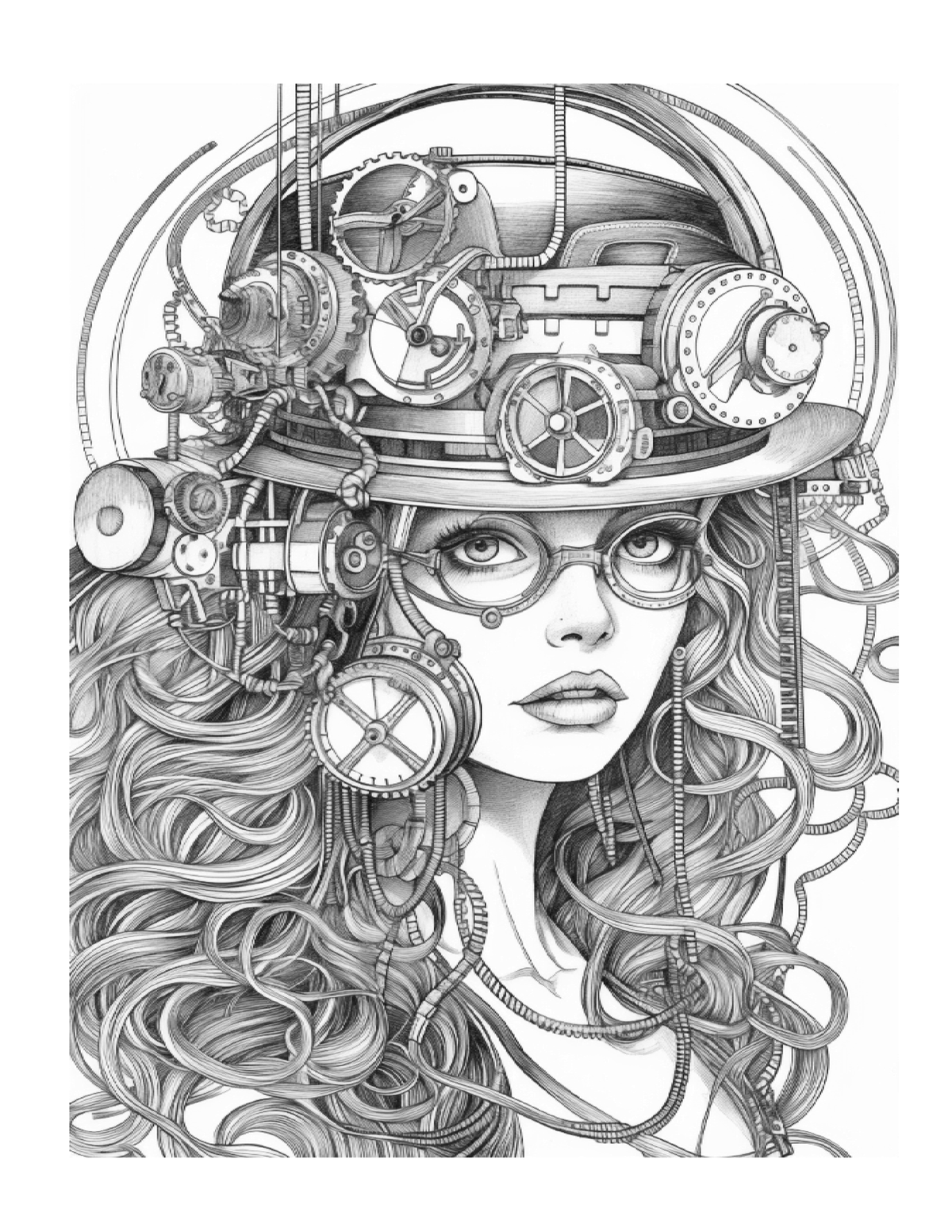 Steampunk-themed illustration of a woman with mechanical elements in her hair and hat.