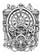 Detailed black and white illustration of a mechanical clock with gears on a white background