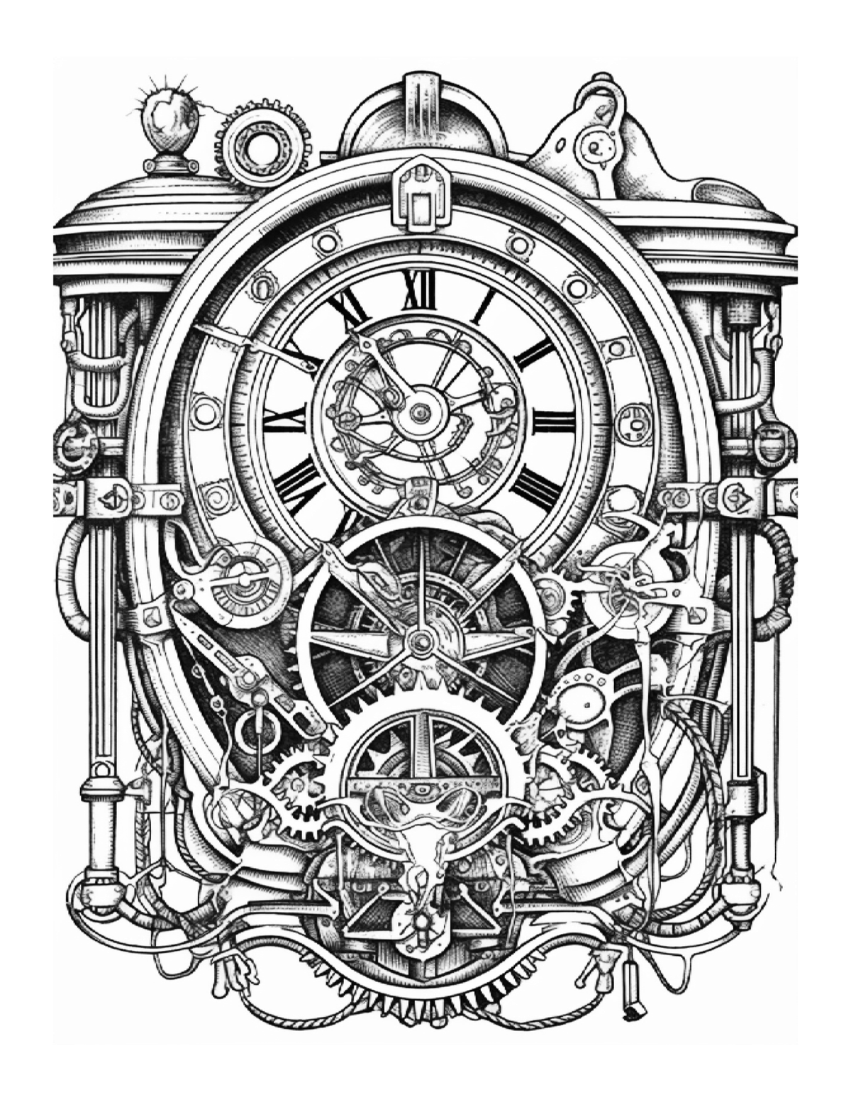 Detailed black and white illustration of a mechanical clock with gears on a white background