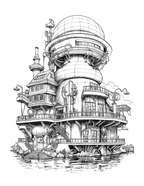 Detailed black and white illustration of a futuristic building with a dome and multiple levels.