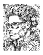 Black and white illustration of a person with gears and clocks