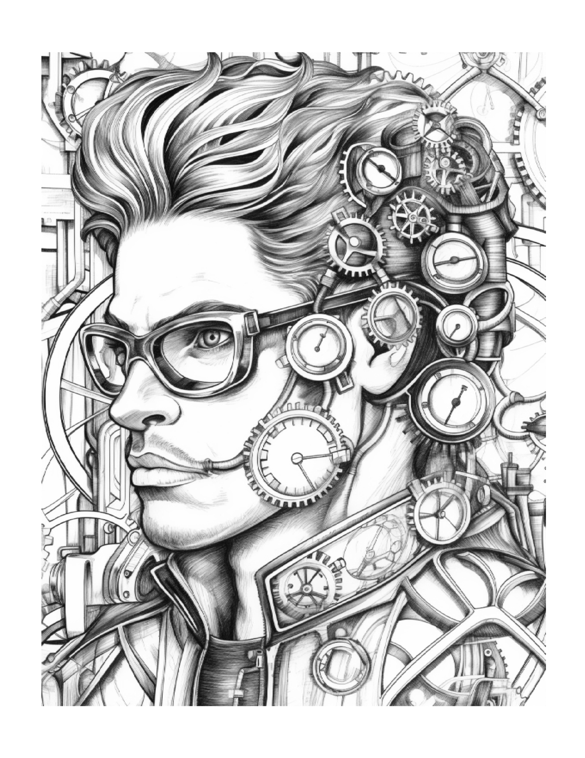 Black and white illustration of a person with gears and clocks