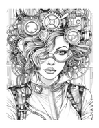 Black and white illustration of a woman with mechanical elements in her hair