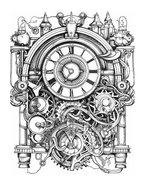 Detailed black and white illustration of a clock with mechanical elements on a white background