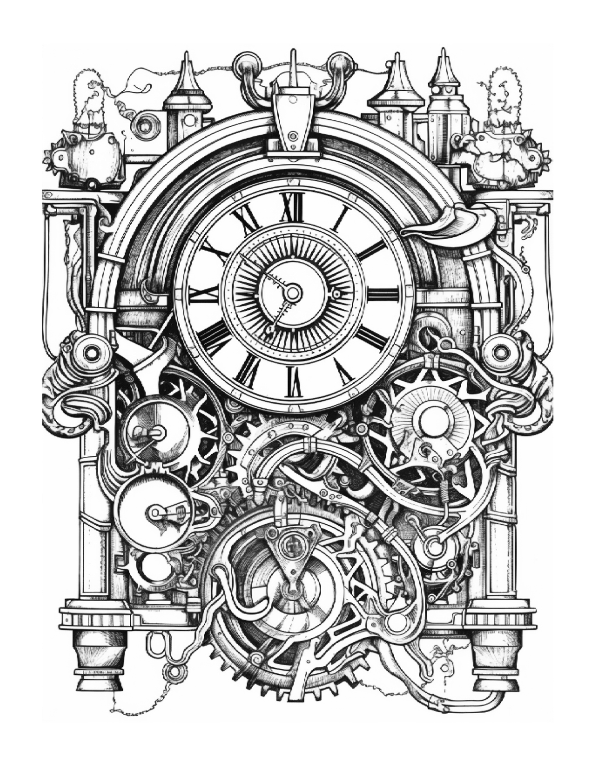 Detailed black and white illustration of a clock with mechanical elements on a white background