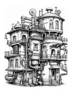 Detailed black and white illustration of a steampunk-style house with mechanical elements.