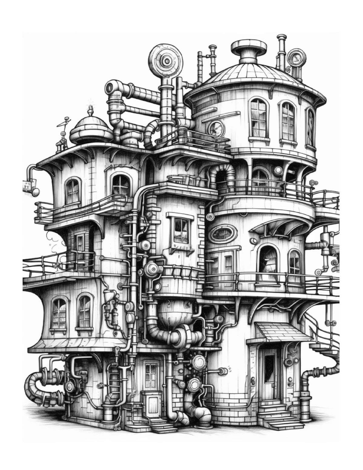 Detailed black and white illustration of a steampunk-style house with mechanical elements.