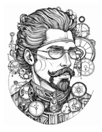 Black and white illustration of a man with gears and mechanical elements
